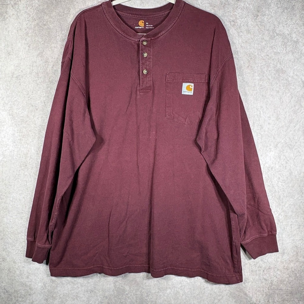 Carhartt Henley Shirt Mens‎ XL Burgundy K128 PRT Long Sleeve Pocket Workwear Tee